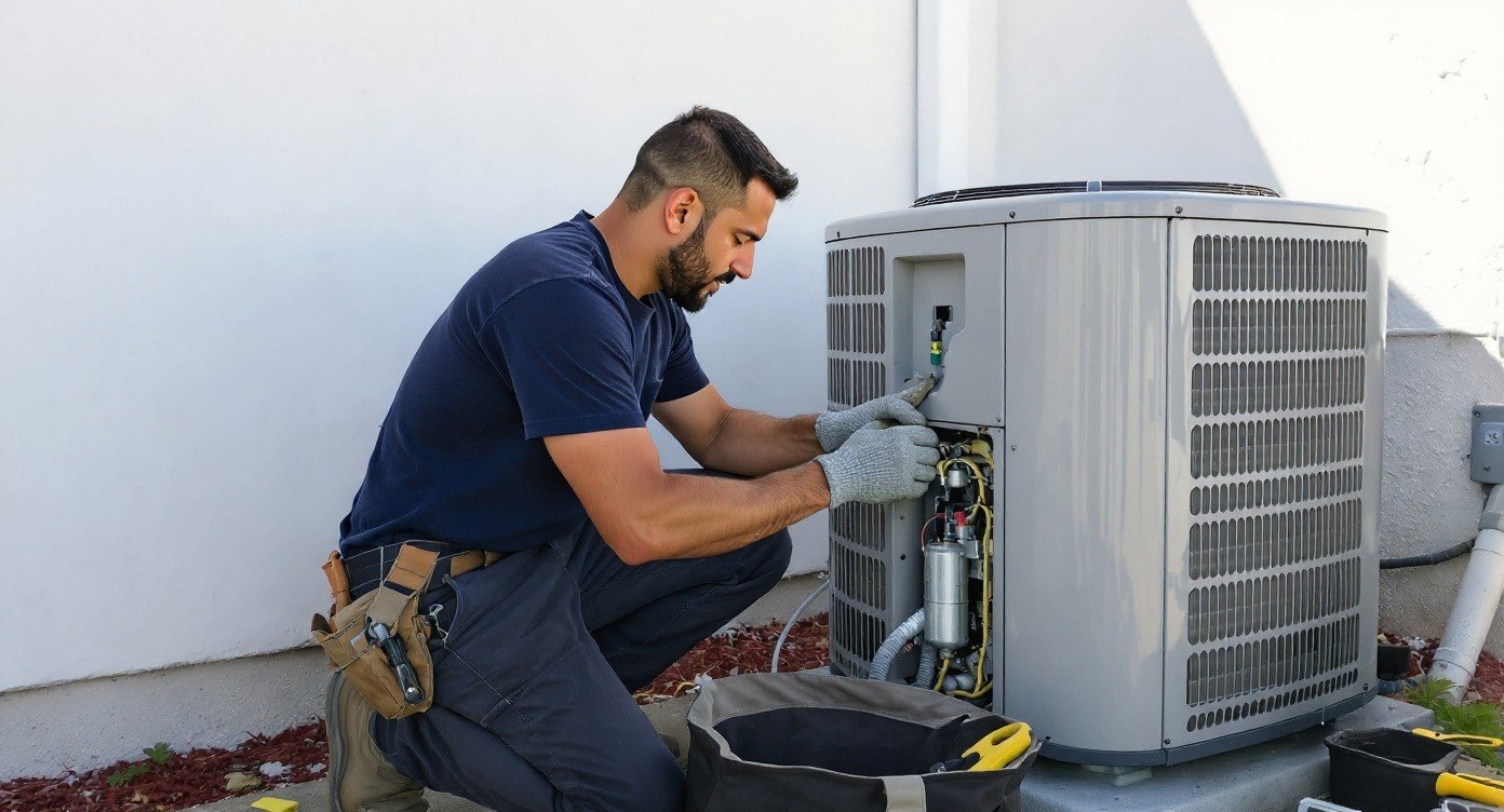 Technician repairing an air conditioning condenser in Chula Vista, CA