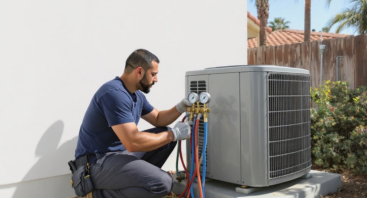 HVAC Pilot technician servicing a home air conditioner in Chula Vista, CA