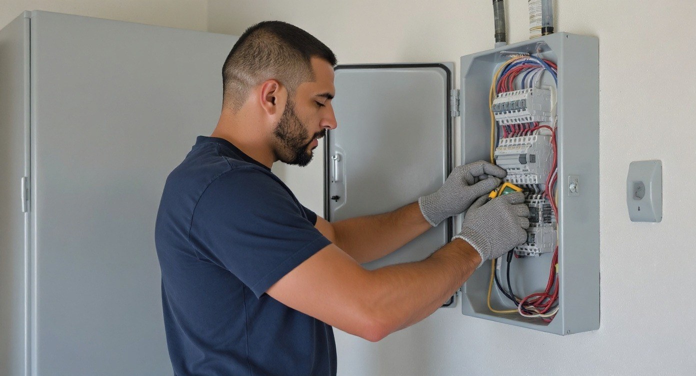 Licensed electrician working in a residential electrical panel in Chula Vista, CA