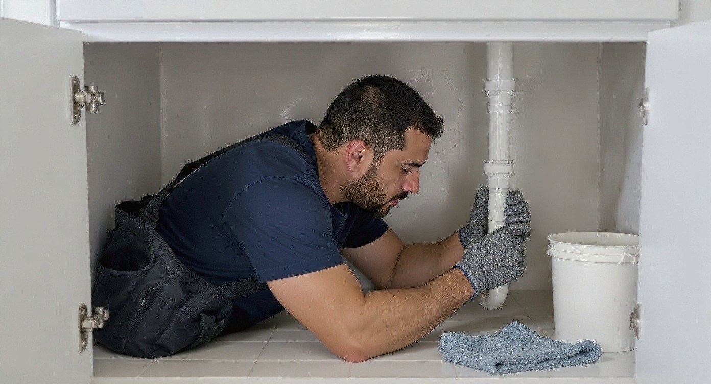 Plumber repairing pipes under a sink in Chula Vista, CA